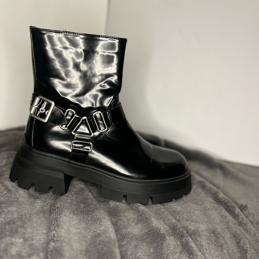 ASOS patent vinyl harness boot with lug sole